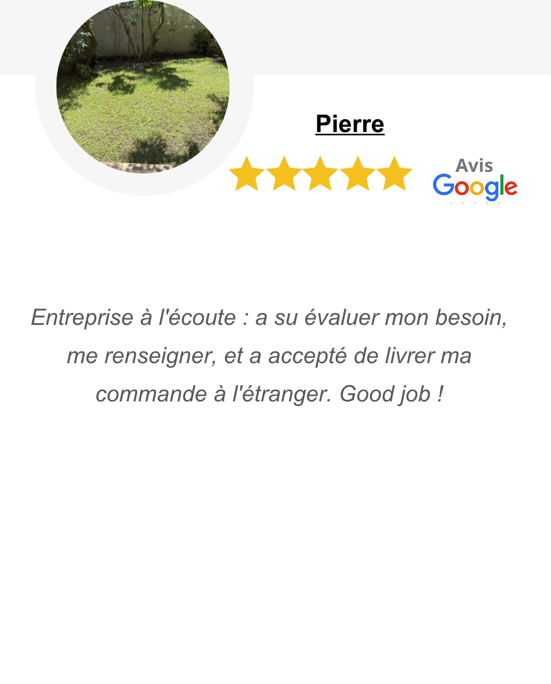 Avis Google 5 étoiles client Gazon Sécheresse